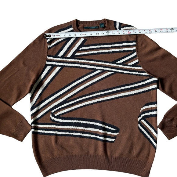 PERRY ELLIS Ribbon Tape Design Crewneck Sweater Brown Navy White L - Picture 4 of 8